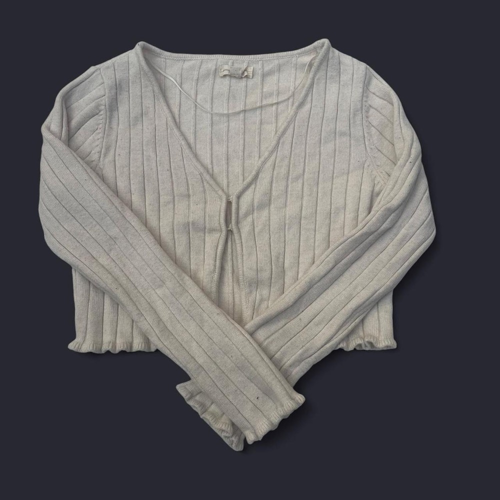 LA Hearts Ribbed Cropped Cardigan Sweater Cream V-Neck Lettuce Edge Top Small